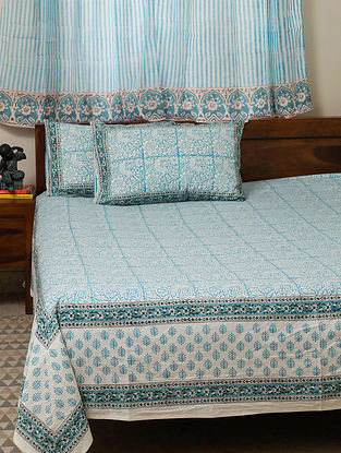 Blue Cotton Cuckoo in Forest Handblock Printed Bedsheet And Pilllow Cover Set (Set Of 3)