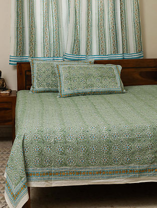 Green Cotton Dream Green Handblock Printed Bedsheet And Pilllow Cover Set (Set Of 3)