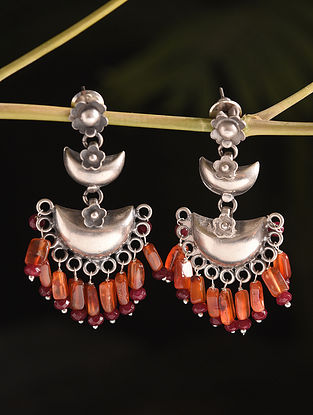 Red Orange Tribal Silver Earrings With Agate And Carnelian