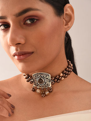 Brown Tribal Silver Choker Necklace With Smokey Topaz And Pearls