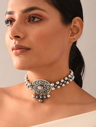 Grey Tribal Silver Choker Necklace With Moonstone And Pearls