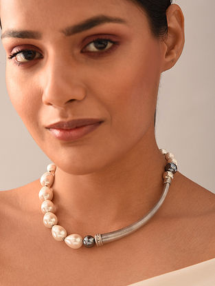 Grey Off White Tribal Silver Hasli Necklace With Pearls