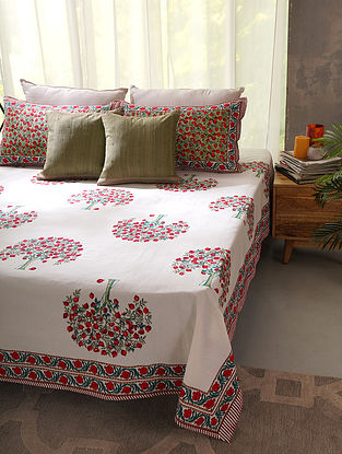 Red Cotton Orchard Handblock Printed Double Bedsheet Set (Set Of 3)