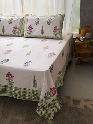 Multicolor Cotton Poppy Flower Handblock Printed Double Bedsheet Set (Set Of 3)