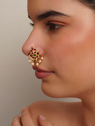 Red Gold Tone Temple Nose Pin with Pearls