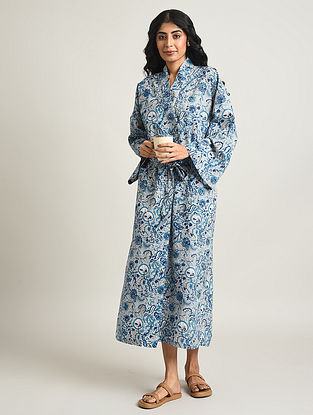 Green and Blue Handblock Printed Cotton Dressing Gown