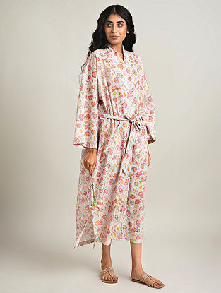 White and Pink Handblock Printed Cotton Dressing Gown