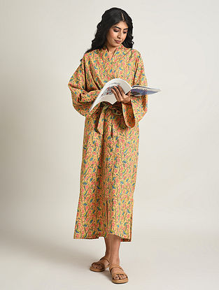 Light Brown and Peach Handblock Printed Cotton Dressing Gown