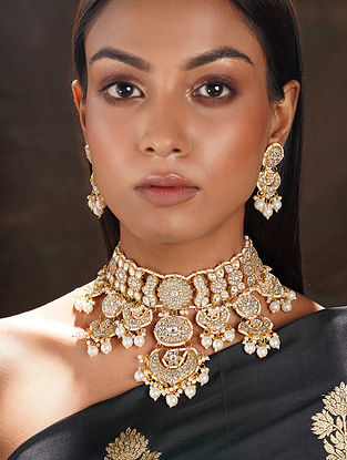 White Gold Plated Kundan Choker Necklace Set