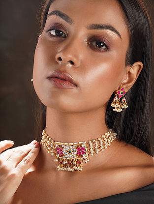 Pink Gold Plated Kundan Choker Necklace Set with Pearls