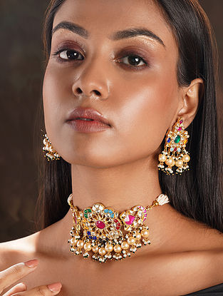 Navratna Gold Plated Kundan Choker Necklace Set with Mother of Pearl