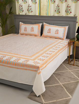 Orange Cotton Printed Bedsheet With Pillow Covers (Set Of 3)