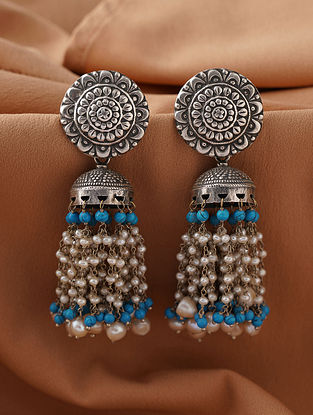 Tribal Silver Jhumki Earrings with Turquoise and Pearls