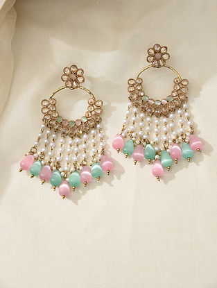 Pink Green Gold Tone Handcrafted Earrings with Pearls