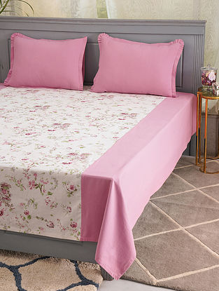 Pink Faded Rose Floral Screen Printed Duck Cotton Bedcover with Pillow Covers (Set of 3)