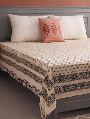 Off White Cotton Handblock Printed Bedcover