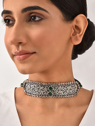 Green Tribal Silver Choker Necklace with Onyx