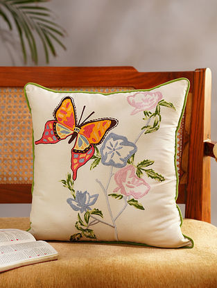 White Base Cotton Embroidered Cushion Cover