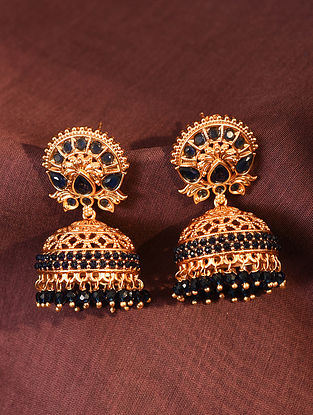 Blue Gold Plated Temple Jhumki Earrings