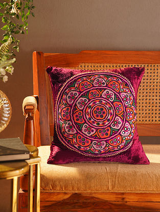 Maroon Cotton Hand Embroidered Kutch Cushion Cover