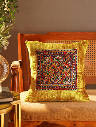Yellow Cotton Hand Embroidered Kutch Cushion Cover