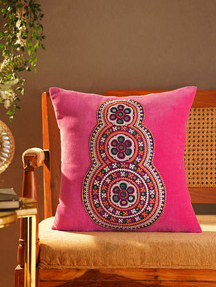 Pink Cotton Hand Embroidered Kutch Cushion Cover