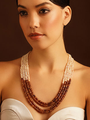 Orange Beaded Necklace with Hessonite and Pearls