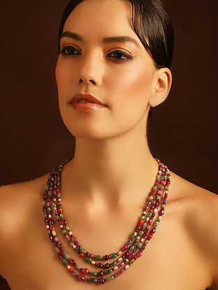 Multicolor Beaded Necklace with Sapphire, Emerald, Ruby and Coral