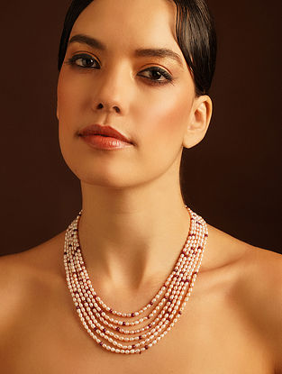 White Pearl Beaded Layered Necklace with Ruby