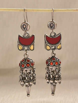 Red Yellow Tribal Silver Kundan Jhumki Earrings