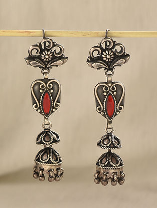 Red Glass Tribal Silver Jhumki Earrings