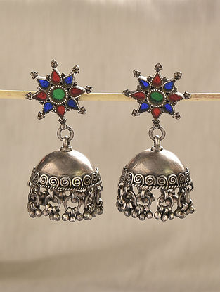 Multicolor Tribal Silver Kundan Jhumki Earrings
