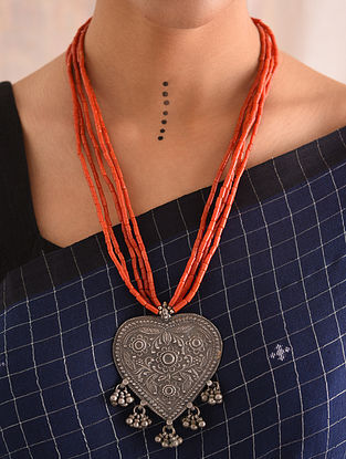 Coral Beaded Silver Necklace