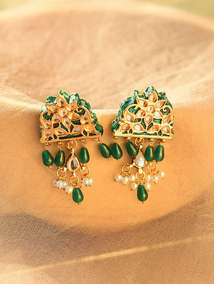 Green Gold Tone Kundan Earrings with Pearls