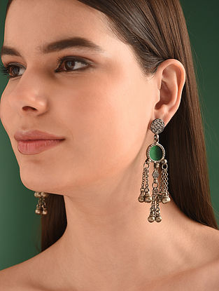 Green Glass Tribal Silver Earrings