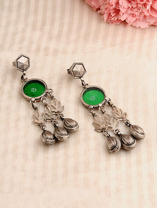 Green Glass Tribal Silver Earrings