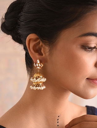 Kundan-inspired Gold Tone Silver Jhumkis with Pearls