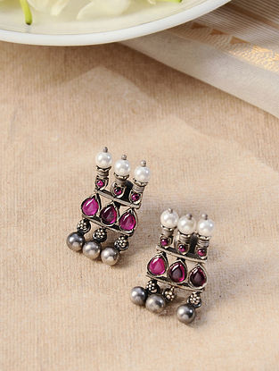 Maroon Silver Earrings with Pearls