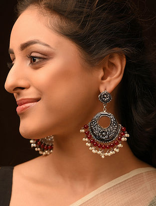 Red Dogri Silver Baala Earrings with Pearls 
