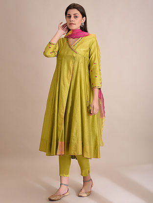 WARDAA - Lime Block Printed Silk Cotton Angrakha with Embroidery