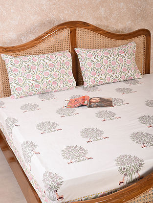 Multicolored Handblock Printed Cotton Double Bedsheet with Pillow Covers (Set of 3)