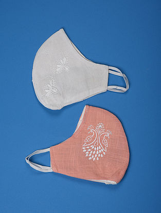 White-Pink Triple Layered ChikanKari Cotton Masks ( set of 2)