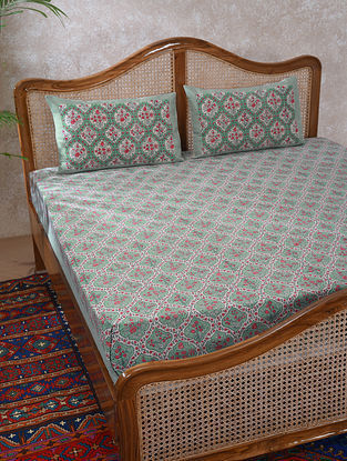 Green Red Handblock Printed Bedcover with 2 Pillow Covers (Set of 3)