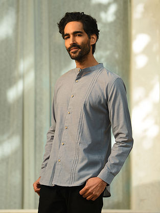 Grey Mangalgiri Long Sleeve Pintuck Cotton Shirt