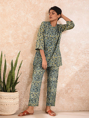 Blue Natural Dyed Dabu Printed Cotton Top with Pants