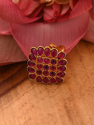 Maroon Gold Tone Temple Silver Adjustable Ring