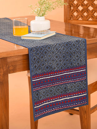 Multicolor Cotton Gudri Embroidered Ajrakh Printed Table Runner (L - 72in, W - 13in)