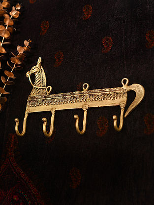 Brass Handcrafted Towel Hanger with Horse Design and 4 Hooks (L - 7.2in, W - 11in)