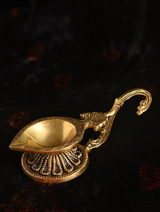 Brass Handcrafted Oil Lamp with Round Designer Base (L - 6.2in, W - 2.3in, H - 2.1in)