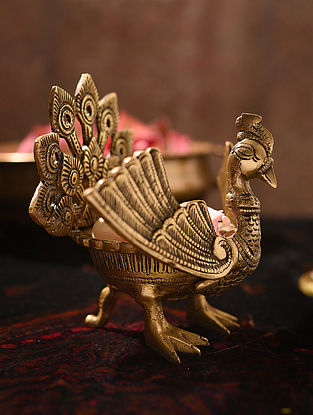 Brass Handcrafted Peacock Oil Lamp with Wings (L - 5in, W - 8.2in, H - 6.2in)